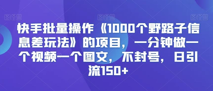 快手批量操作《1000个野路子信息差玩法》的项目，一分钟做一个视频一个图文，不封号，日引流150+【揭秘】-117资源网