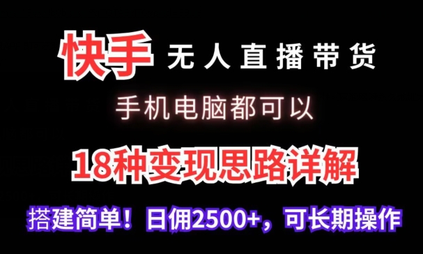 快手无人直播带货，手机电脑都可以，18种变现思路详解，搭建简单日佣2500+-117资源网