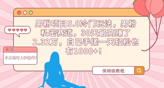 男粉项目5.0冷门玩法，男粉私密赛道，30天最高赚了2.32万，自己手搓一天轻松也有1000+-117资源网