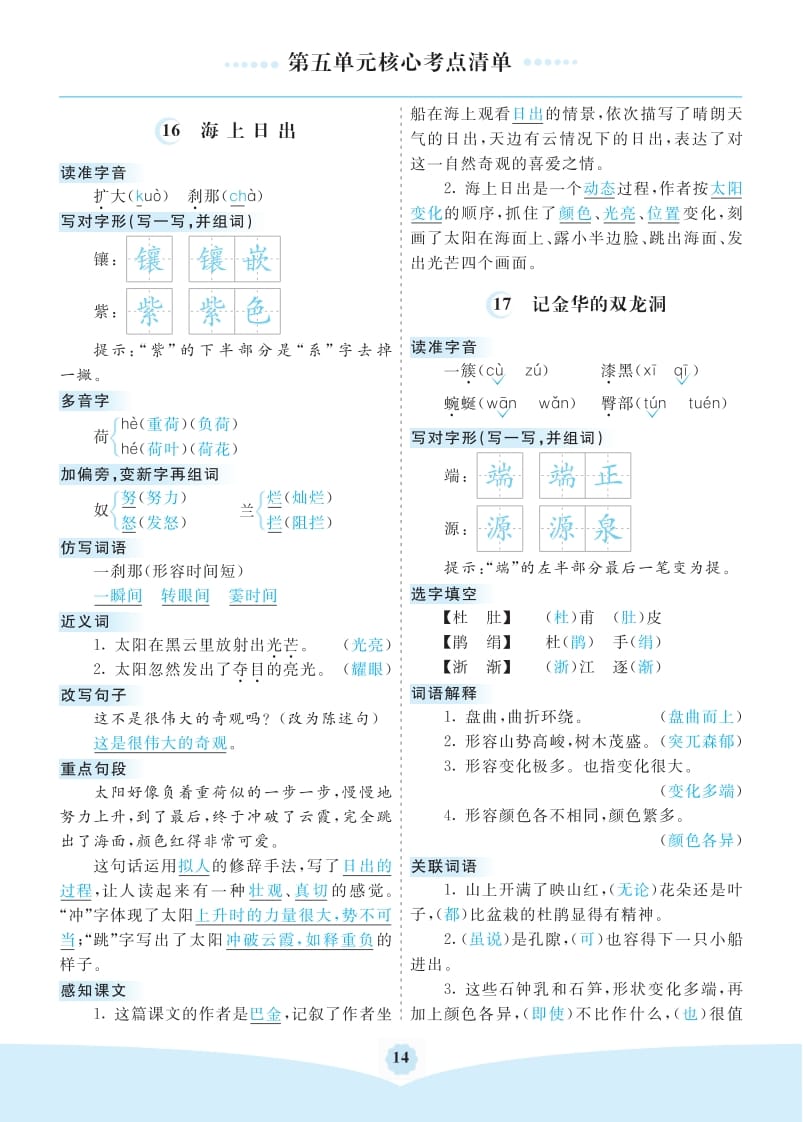 四年级语文下册第五单元核心考点清单-117资源网