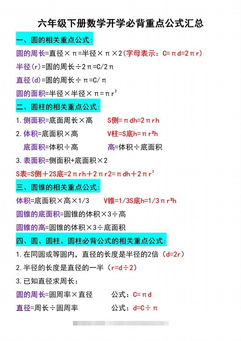 六年级下册数学必背重点公式汇总-117资源网