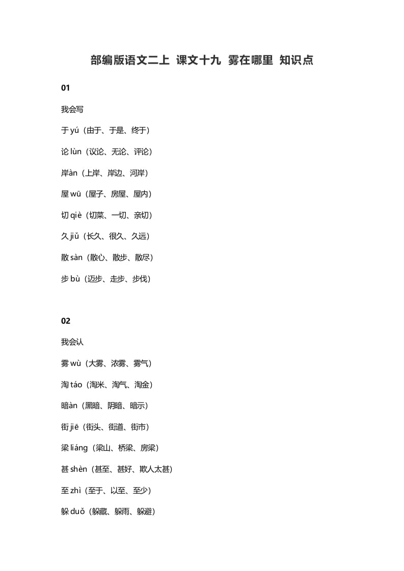 二年级语文上册23二上课文十九雾在哪里知识点（部编）-117资源网