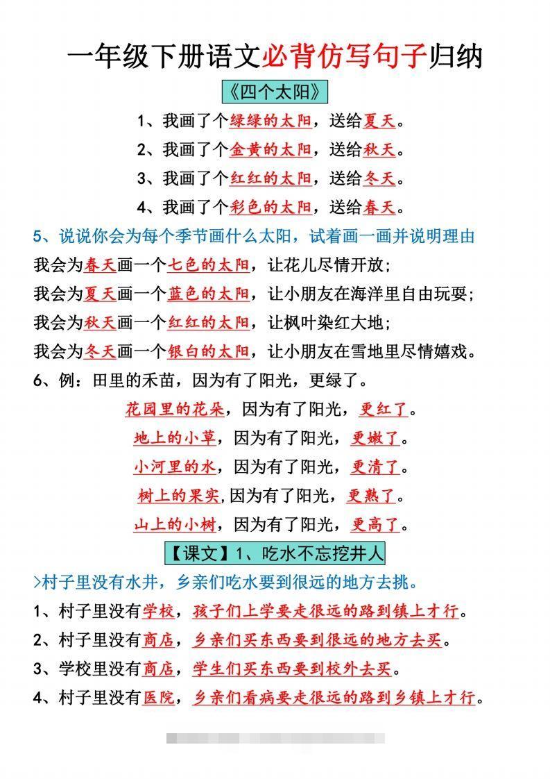 一年级下册语文全册仿写句子汇总_纯图版-117资源网