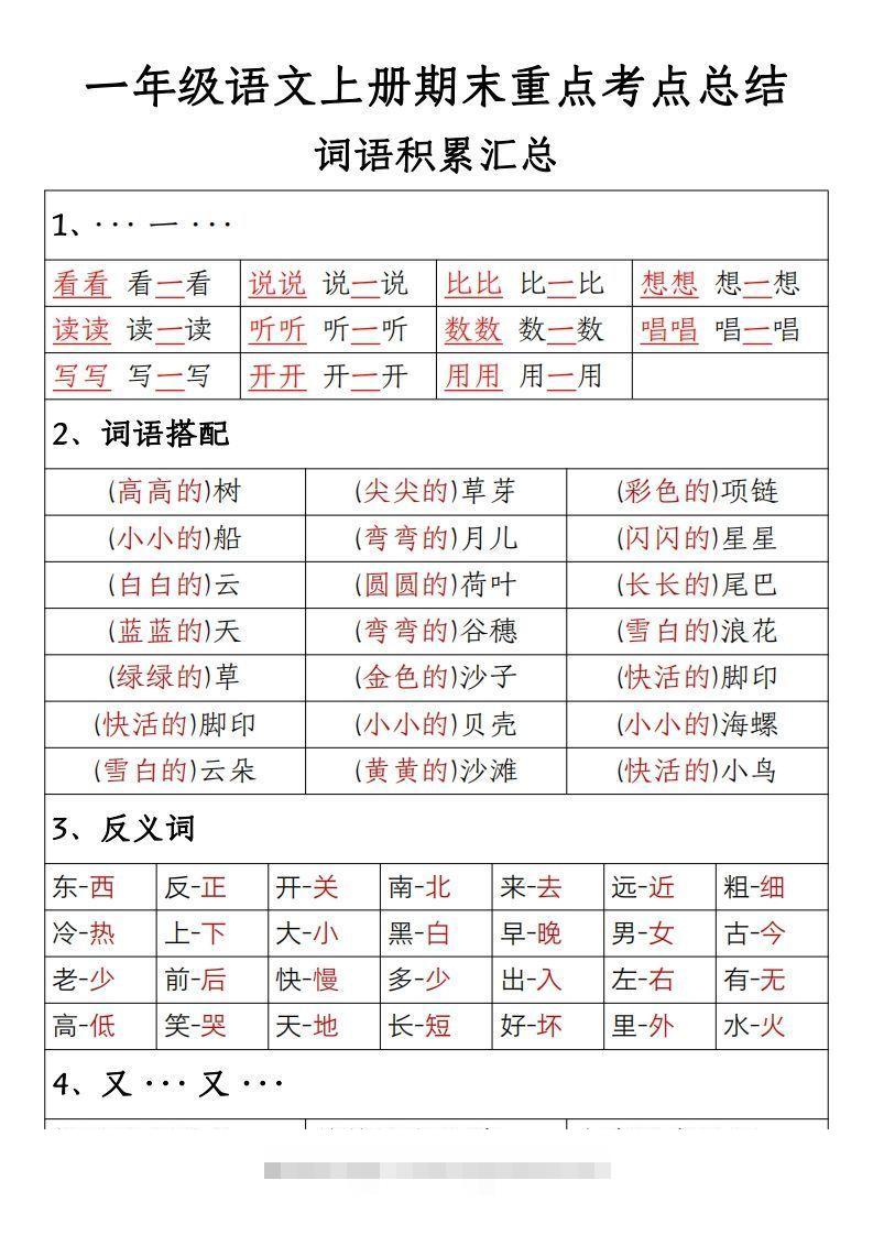 【期末重点考点总结词语积累汇总】一上语文-117资源网