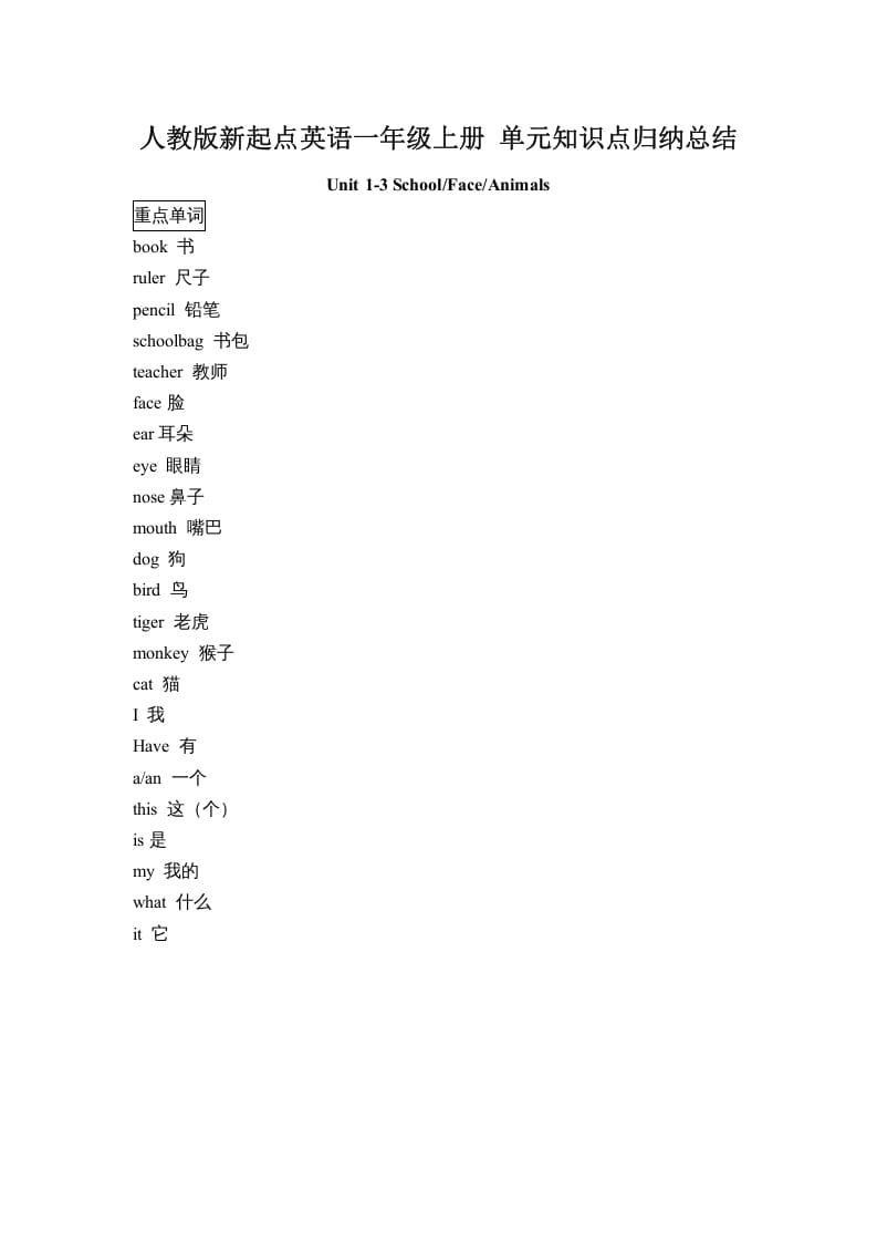 一年级英语上册单元知识点归纳总结（人教一起点）-117资源网