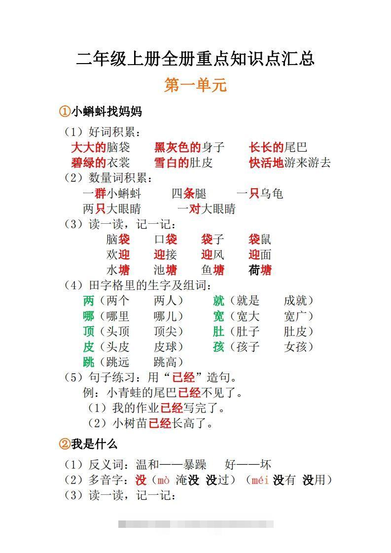 二年级上册语文全册每课重点知识点-117资源网