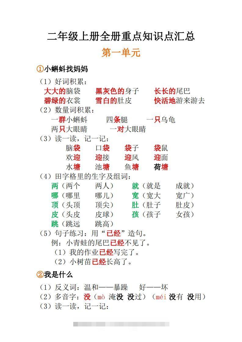 二年级上册语文全册每课重点知识点汇总()-117资源网