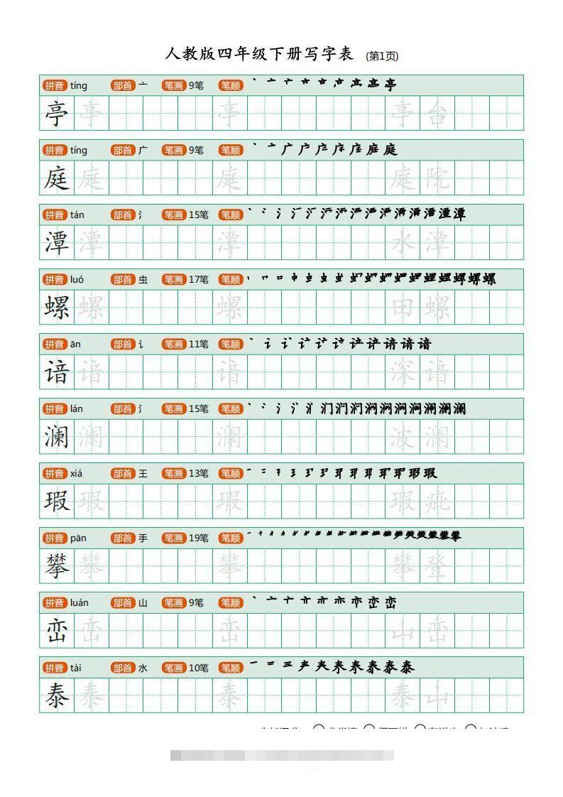 四年级语文下册写字表（20页）PDF（部编版）-117资源网