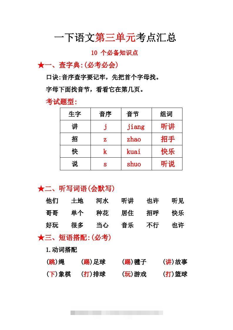 一下语文第三单元10个必备知识点-117资源网