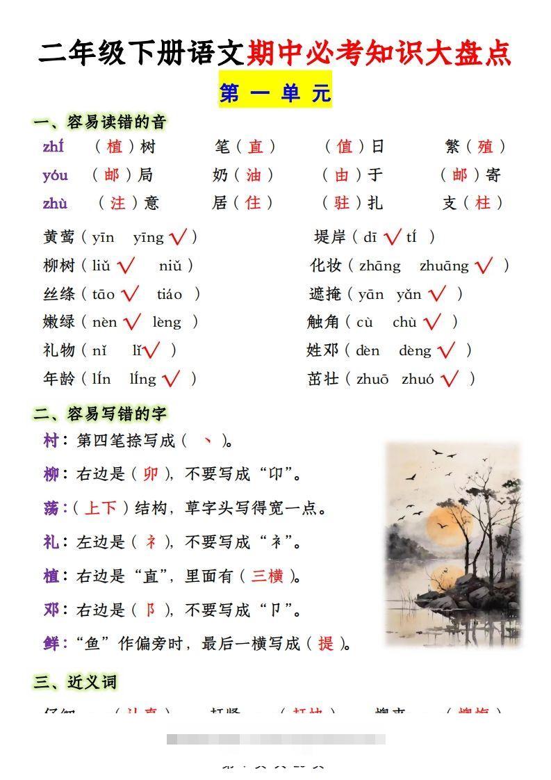 二年级下册1-4单元语文期中必考知识大盘点（23页）-117资源网