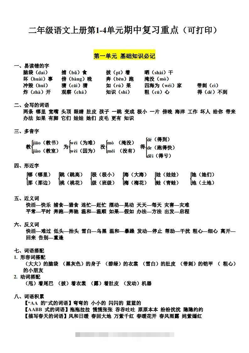 二上语文第单元期中复习必记（抖音）-117资源网